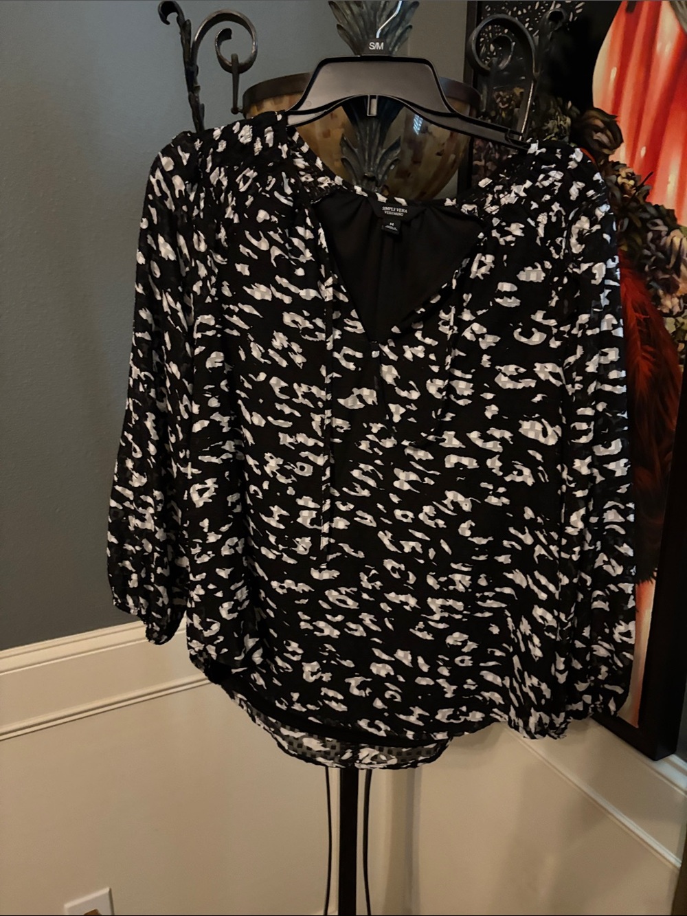 Simply Vera Vera Wang Black and White Printed Peasant Blouse - M